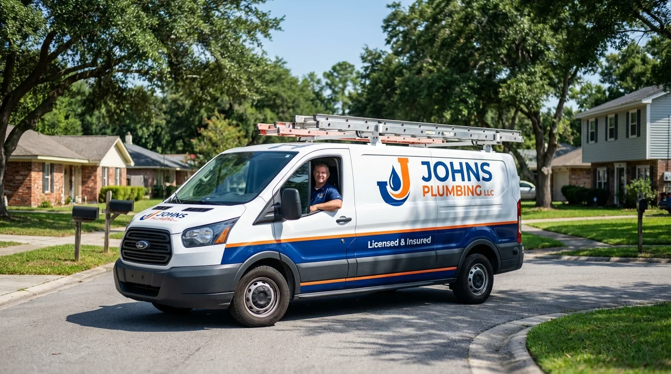 Johns Plumbing LLC service van in Pine Prairie, LA