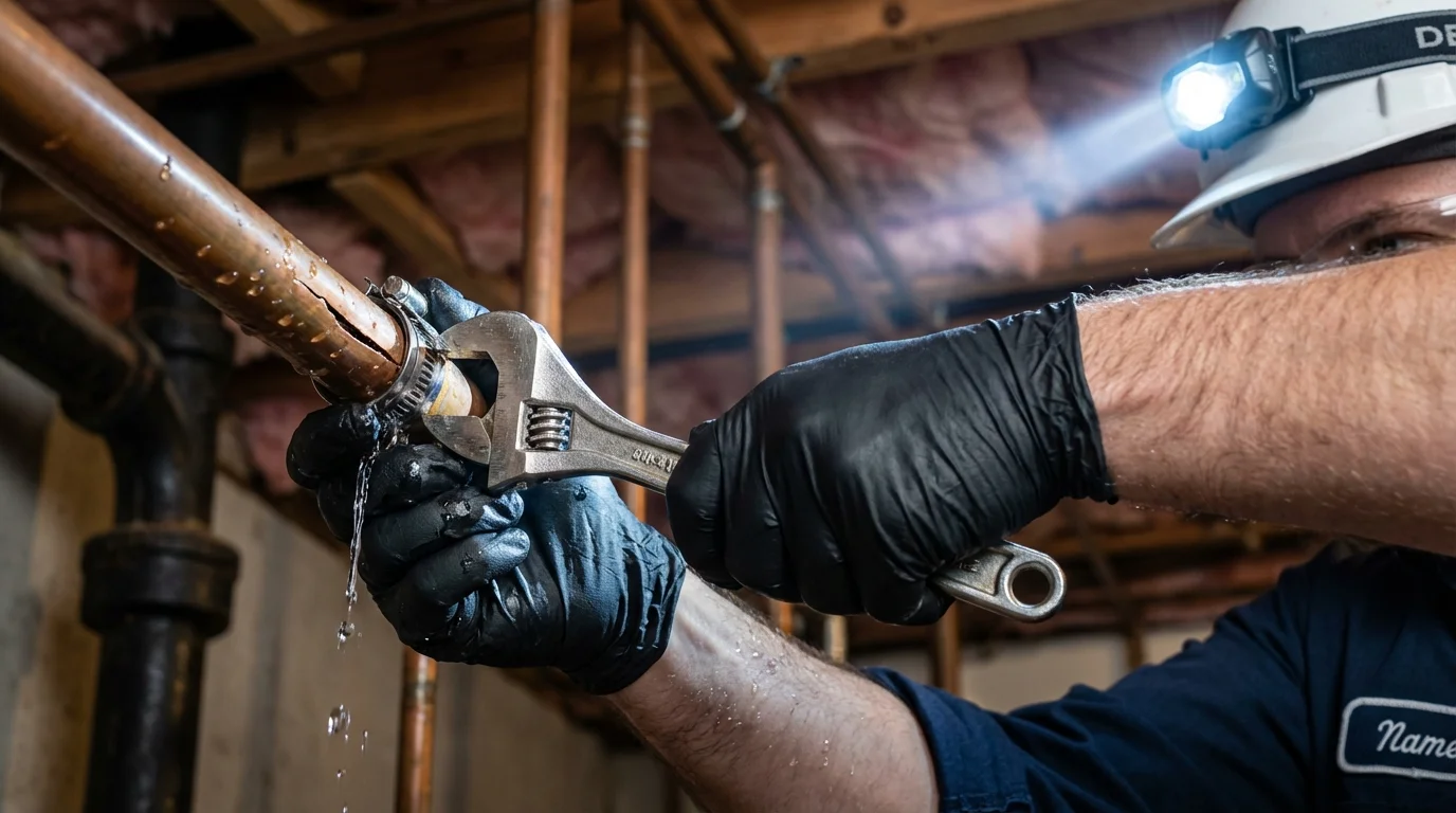 Emergency pipe clamp repair being performed by a Johns Plumbing LLC plumber in Pine Prairie