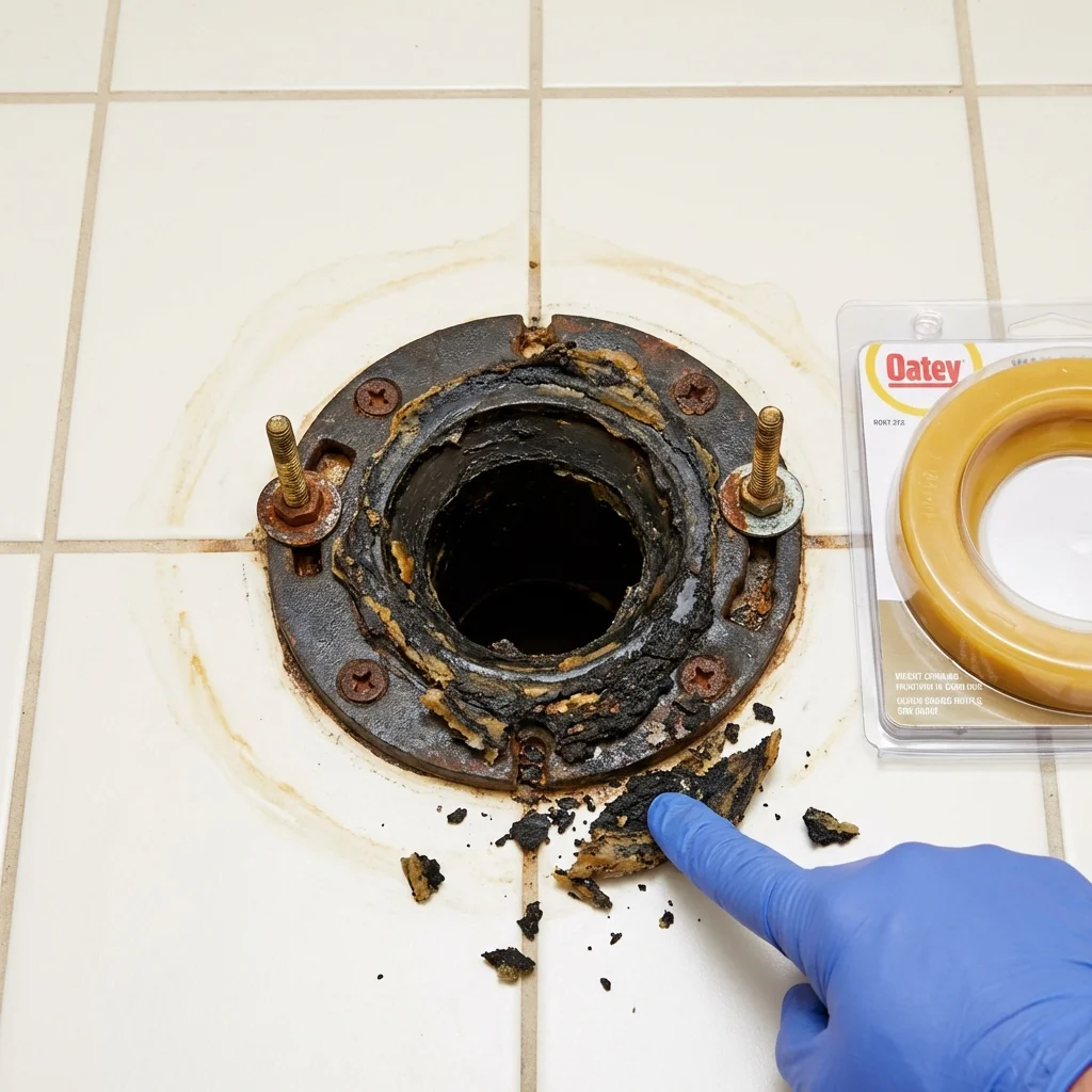 Failed wax ring showing water seepage at the base of a toilet in a Pine Prairie, LA home